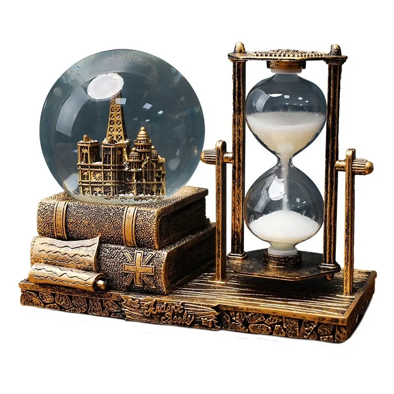 Retro tower hourglass timer crystal ball music box luminous desktop ornaments graduation gift for students.