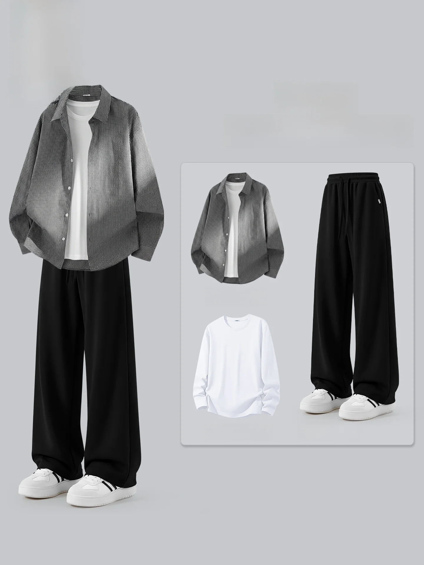 

Large Mouth Monkey Korean Plaid irt Set Men's Casual Spring Outfit Long Sve Cotton Polyester Couple Set