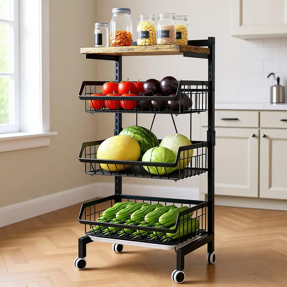

Регулируемая 4-ярусная металлическая тележка для хранения фруктов и овощей с колесиками, кухонная тележка-органайзер