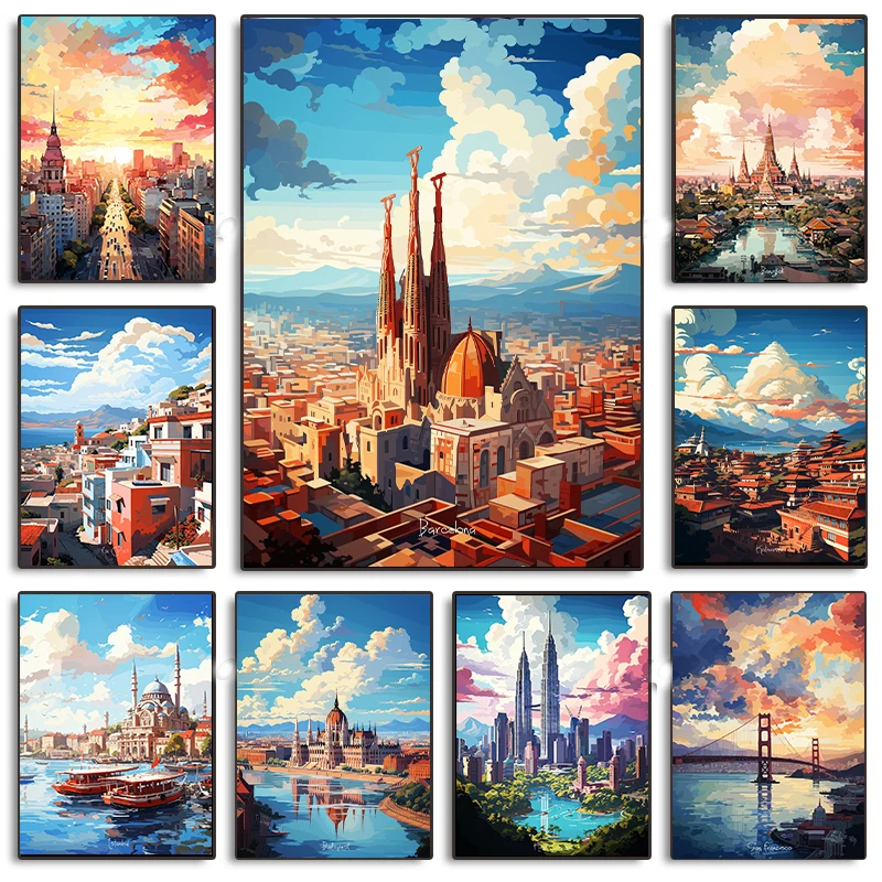 La Paz Istanbul Katmandu Cusco Famous Cities Oil Painting Poster Canvas Painting Wall Art Picture for Living Room Office Decor