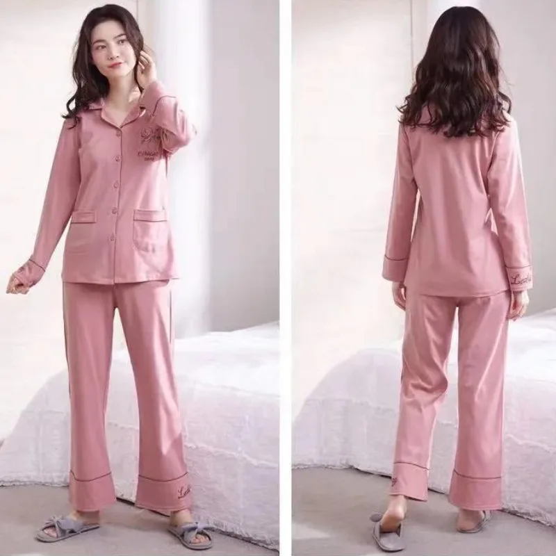 Conjunto de pijama de algodão manga comprida feminino, calças, pijamas casuais, casaco de lapela, loungewear, luxo, primavera, outono, novo, 2023