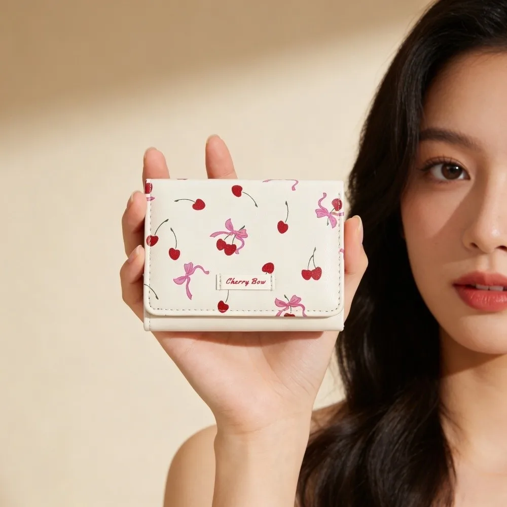 Fashion Cherry Tri-fold Wallet Printing Korean Style PU Leather Wallet Bow Multi-Slot Card Holder Daily