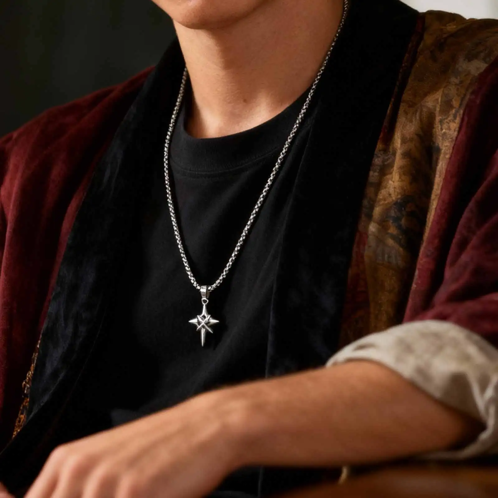 Minimalistische Mode Schwarz Zirkon Stern Kreuz Anhänger Edelstahl Halskette für Männer, Punk Hip Hop Schmuck Geschenke – Detail 3