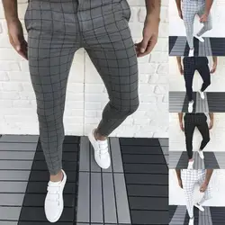 Pantalones de lápiz de temperamento para hombres, pantalones casuales de cintura media, pantalones de patrón a cuadros guapos, delgados