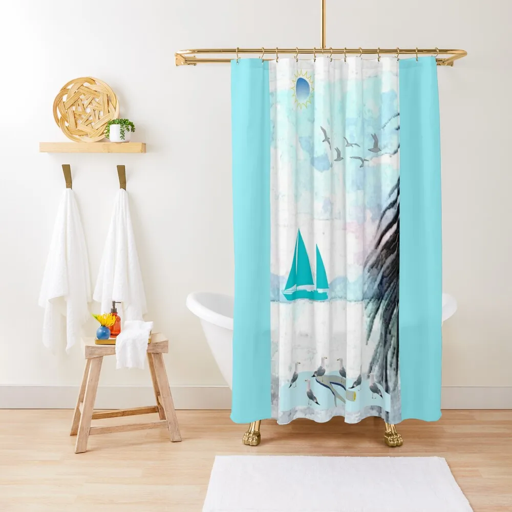 

Seagulls and Sailboat Shower Curtain Bathtub Anti-Mold Waterproof Shower Curtain