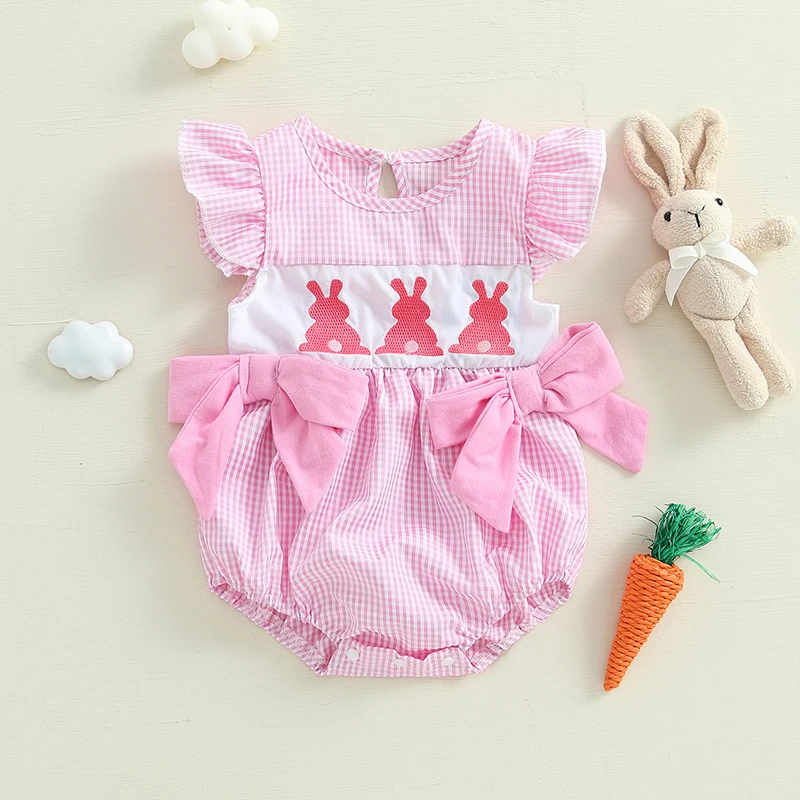 New Baby Girl Easter Romper Fly Sleeve Round Neck Bunny Print Bowknot Bodysuit Newborn Outfit 0-18 Months