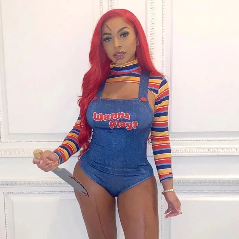 

Sky05 Halloween Cosplay Costumes for Women Scary Nightmare Killer Doll Wanna Play Movie Character Bodysuit Chucky Doll Cos99JIu@