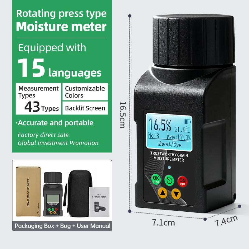 43 Kinds of Grains Moisture Meter for Grain Moisture Analyzer Corn,  Rice Seeds, Wheat 15 Languages  Portable Digital Display