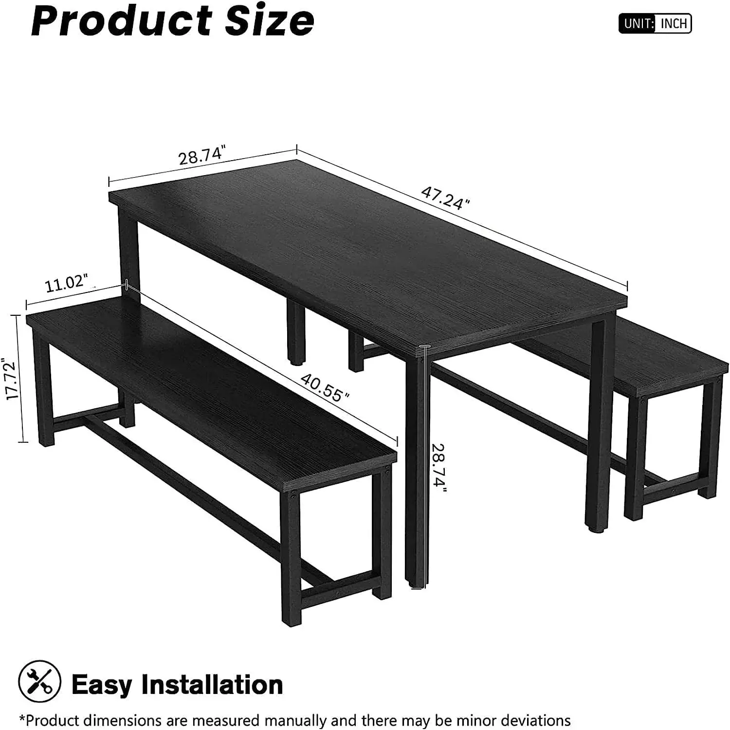 47” Dining Table Set with Benches, 3 Pieces Dining Room Table Set for 4, Wood Kitchen Table and Chair Set with Sturdy Frame,