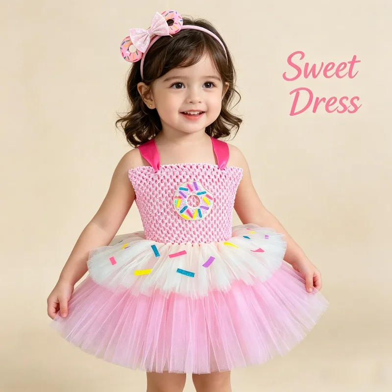 

Sweet Donut Tulle Tutu Dress Chocolate Candy Theme Party Dress Stage Performance Costume Puffy Mesh Ball Gown Festival Outfit