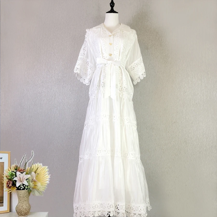 Luxury Long Maxi Dresses Shirt Women Summer Holiday Embroidery Crochet Hollow Out Evening Party Vestidos Loose Elegant Robe
