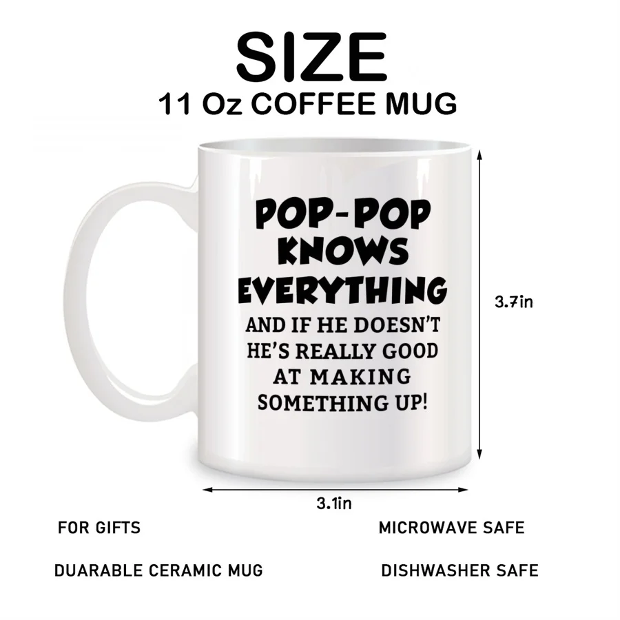 Pop-Pop Knows Everything Mugs For Grandpa Papa Fatherr Birthday Novelty Coffee Ceramic Tea Cups White 11 oz