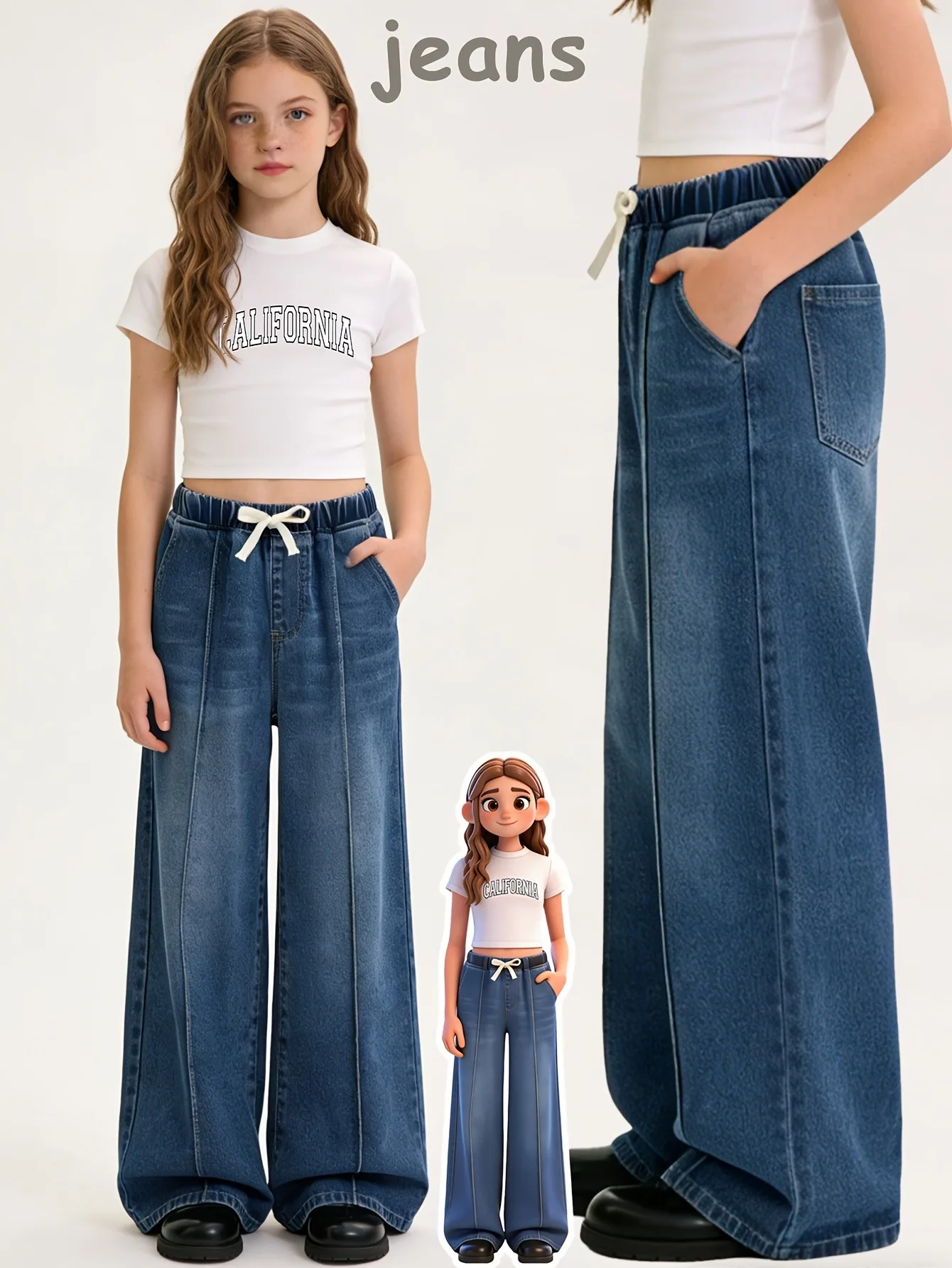 Comfy Kids Girls Elastic Waist Jeans, Soft Stretchy Denim Wide Leg Pants with Bow Tie for School & Daily Wear