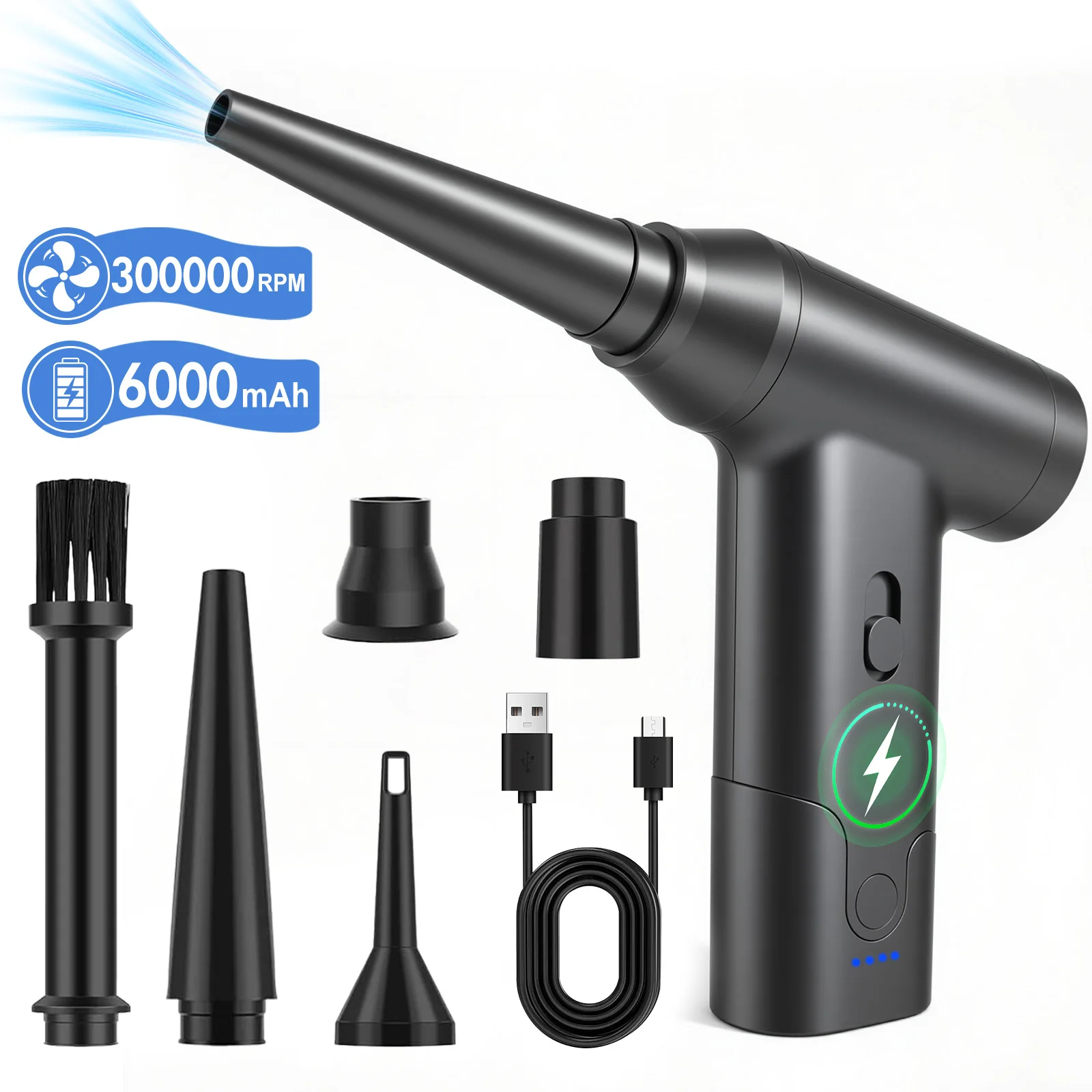 Air Duster Brushless Blowing Suction 2-in-1 Compressed Air 300000 RPM Electric Blower Variable Speed With Battery for Cleaning Computer Keyboards Home Outdoor & Car Use