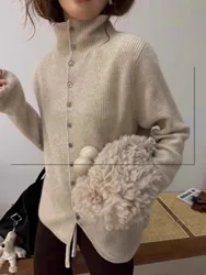 Colletto alla coreana in stile straniero 100% puro cashmere lavorato a maglia cardigan donna autunno e inverno casual maglione corto base cappotto di lana