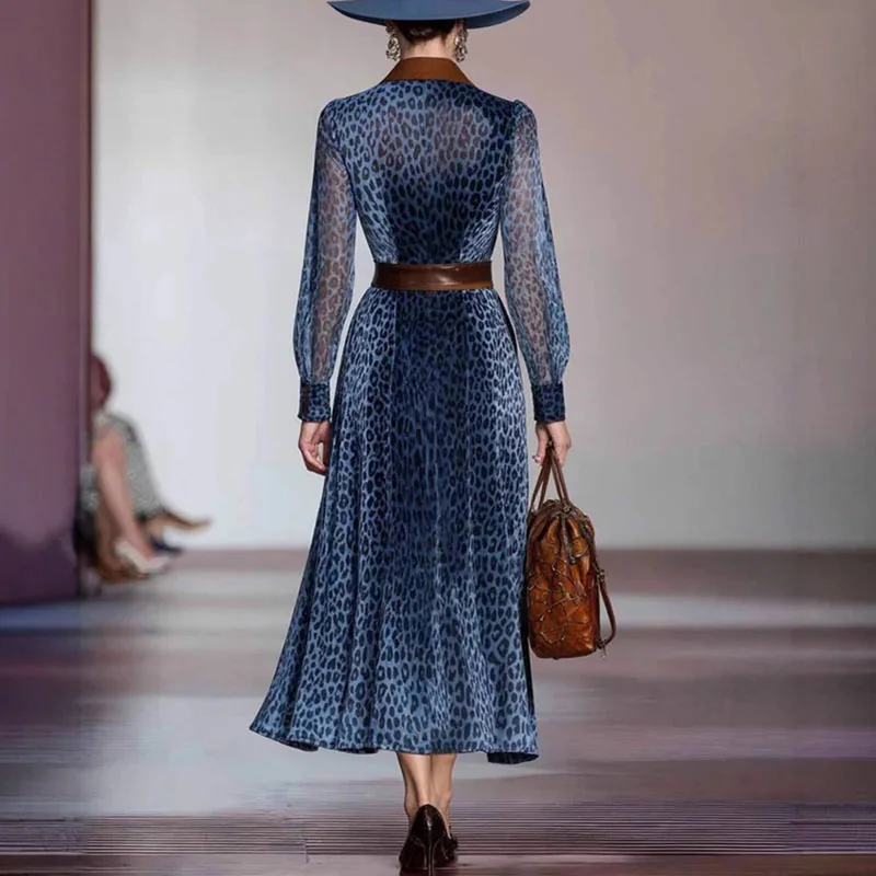 Sukienka imprezowa z siateczki w panterkę, patchworkowa, damska, zapinana na guziki, z kołnierzykiem, jesienno-zimowa, z długim rękawem, w stylu vintage, o kroju litery A.