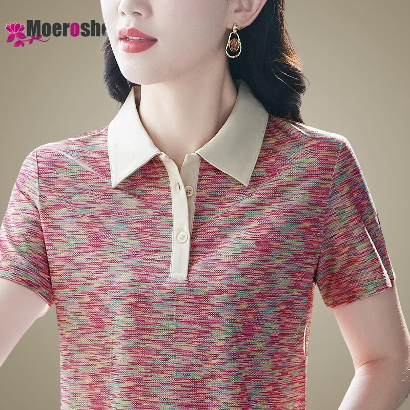 Summer Women\'s Floral Polo Shirt Golf T-shirt Clothes 2024 Tops Clothing Trend Woman Striped Pulovers Tees Printed stand collar