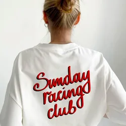 Sunday Racing Club Letters Printing Female White Loose Cotton T Shirts Summer Short Sleeve Crewneck Casual Tops Tees 2025