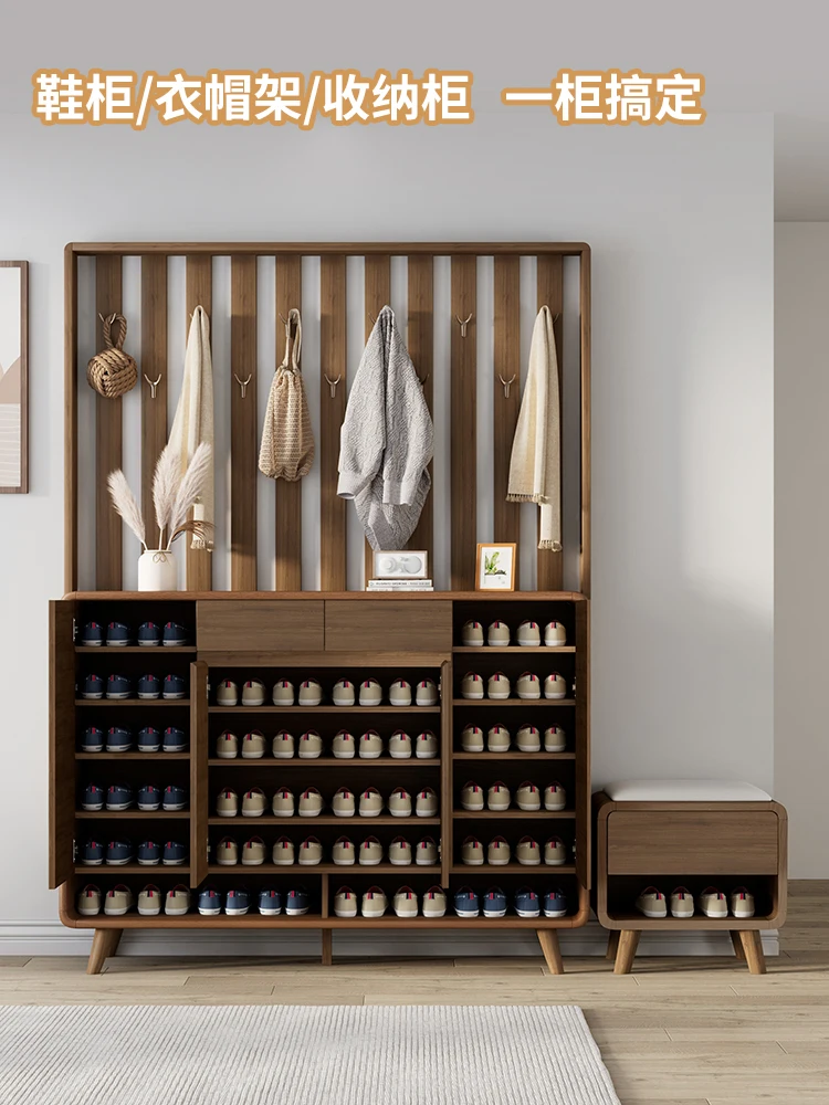 Large-capacity solid wood shoe cabinet with hanger integrated against the wall, home doorway, entrance cabinet, partition cabine