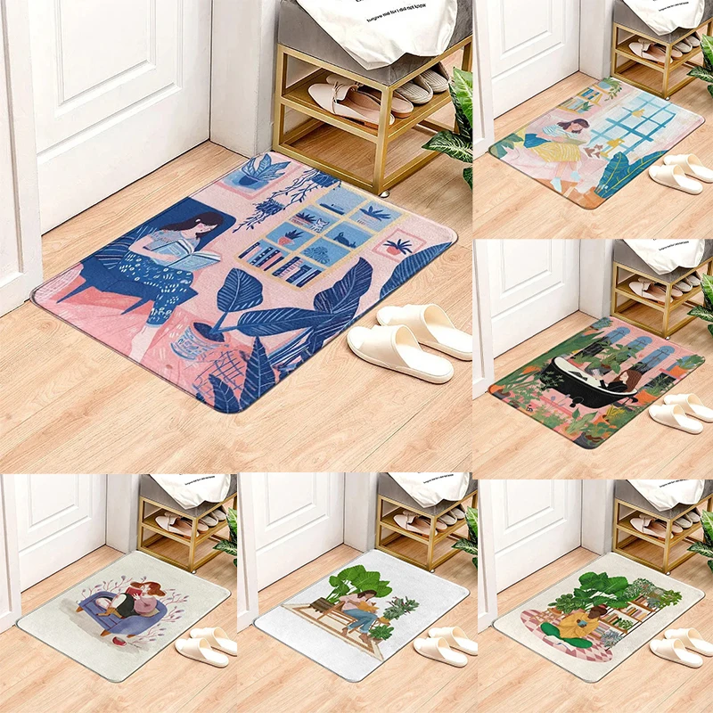 Literary Style Door Mat with Girl Reading and Plant Patterns Floor Mat for Home Entrance Decor Adding Cozy Vibe to Entryway