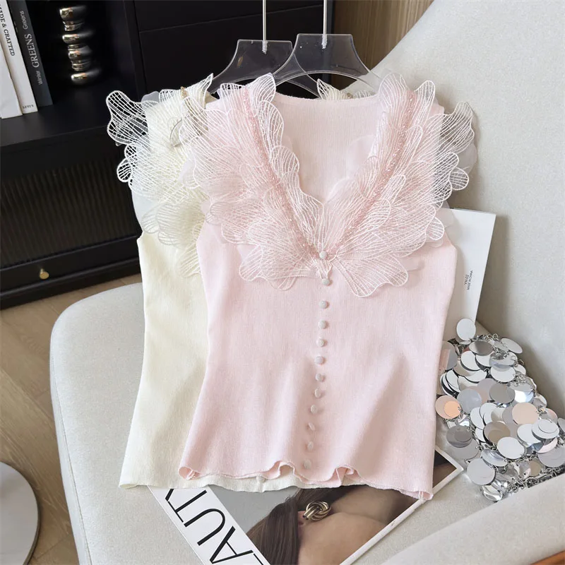 

Women's Thin Knitted Vests Women Summer Hot Diamonds Lace Ruffles V-Neck Tops Sexy Fashion Ladies Sleeveless Knitwear Jumpers