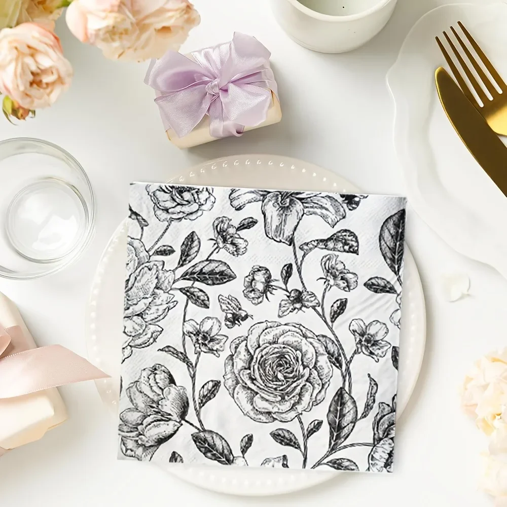 Black/Blue Rose Printed Napkin 33*33cm Disposable Paper Placemats for DIY Wedding Party Hotel Dinner Table Setting Layout