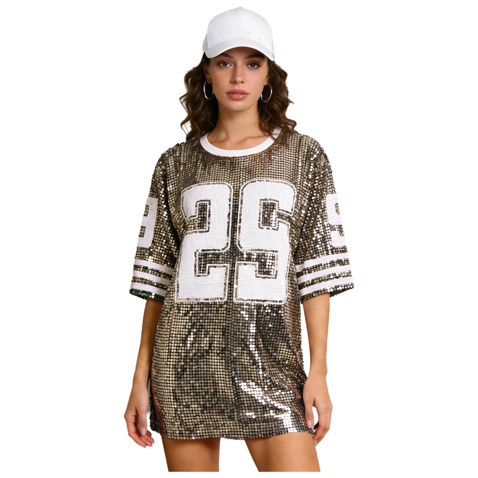 

Women Glittery Allover Sequins Hip Hop T-shirts Number Graphic 3/4 Sleeve Crew Neck Sport Top for Club Raves Watching Ball Match
