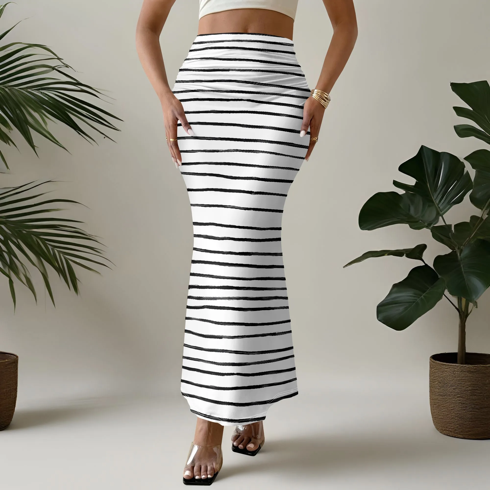Striped Mermaid Skirt, Black White Print Midi Skirt, Elastic Waist Long Skirt, Beach Vacation Wear, Women Fashion Bottoms S-2XL