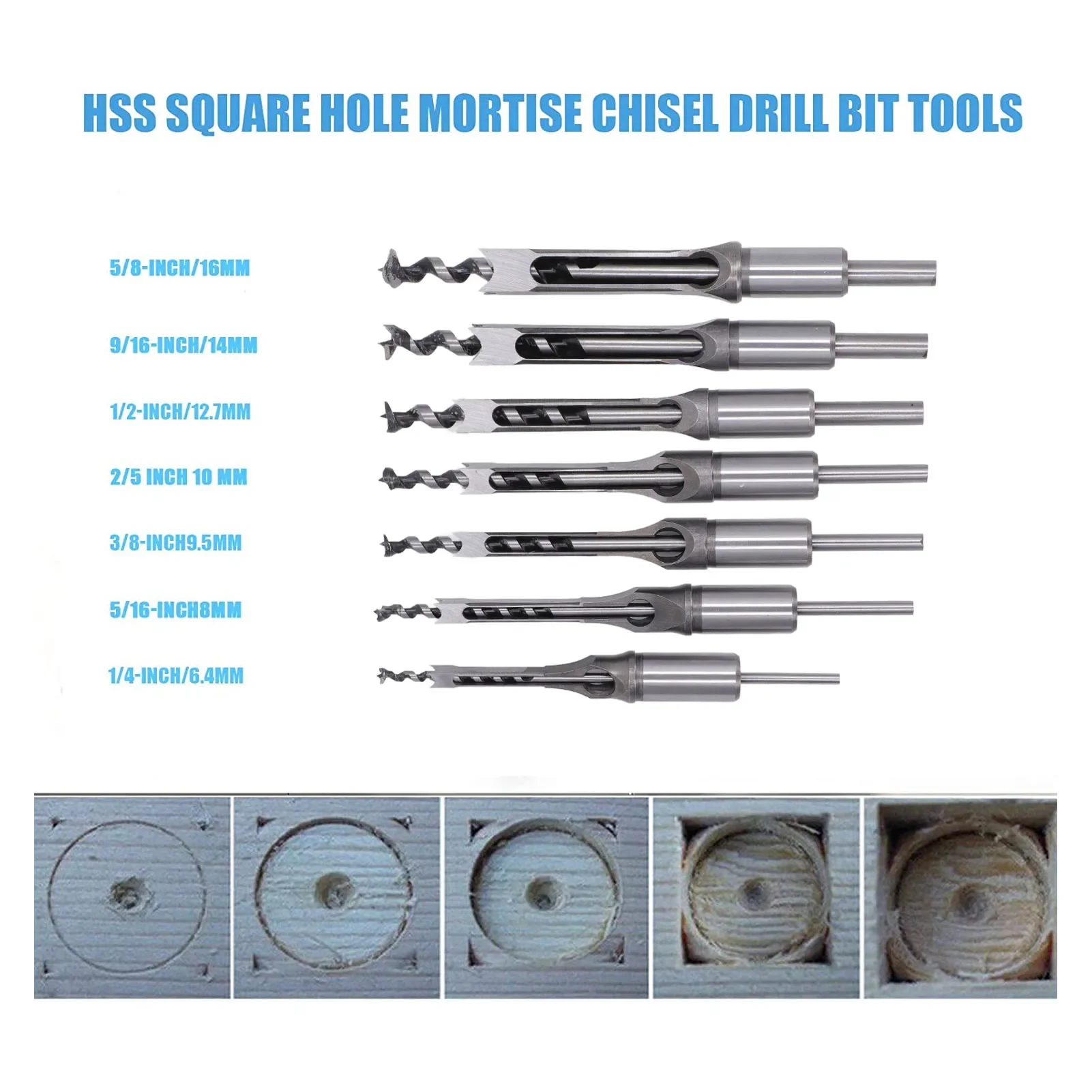 7 PCS Square Hole Drill Bit Woodworking Square Drill Bits Sharply High Hardness HSS Labor Saving for Wood Products