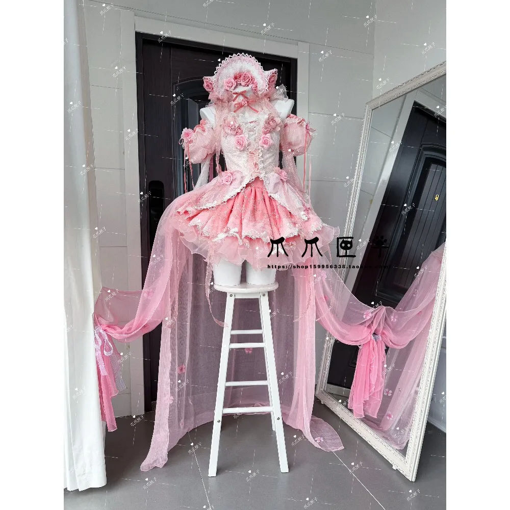 

Azur Lane Cheshire Cosplay Costume Pink Lolita Dress with Rose Decoration, Sweet Off Shoulder Maid Outfit for Cosplay Events