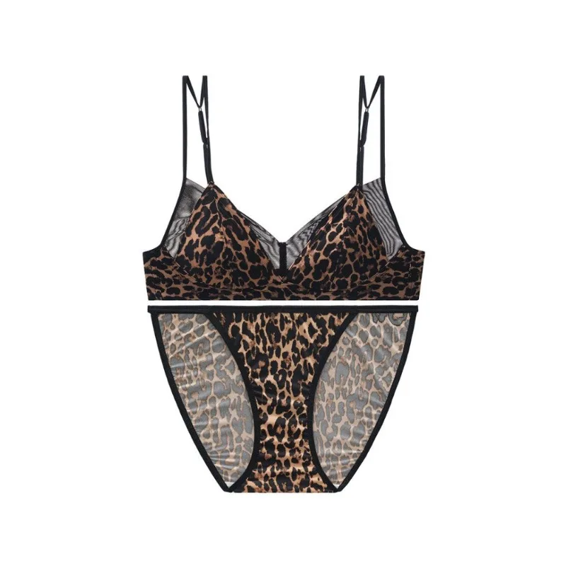 Modisches Leoparden-Intimset, dünner Triangel-BH ohne Bügel, atmungsaktiver Sommer-Nude-Stoff, für kleine Brüste mit festem Halt, Damen-Unterwäsche für drinnen