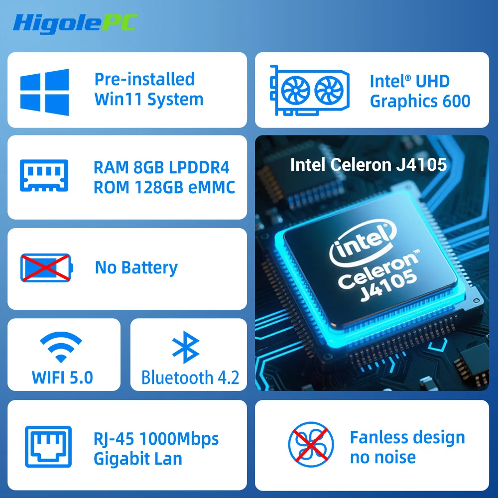 Higole PC Stick Fanless Mini PC Intel J4105 Windows 11 WiFi5 8GB 128GB HDMI 4K TV Stick Portable Desktop Computer