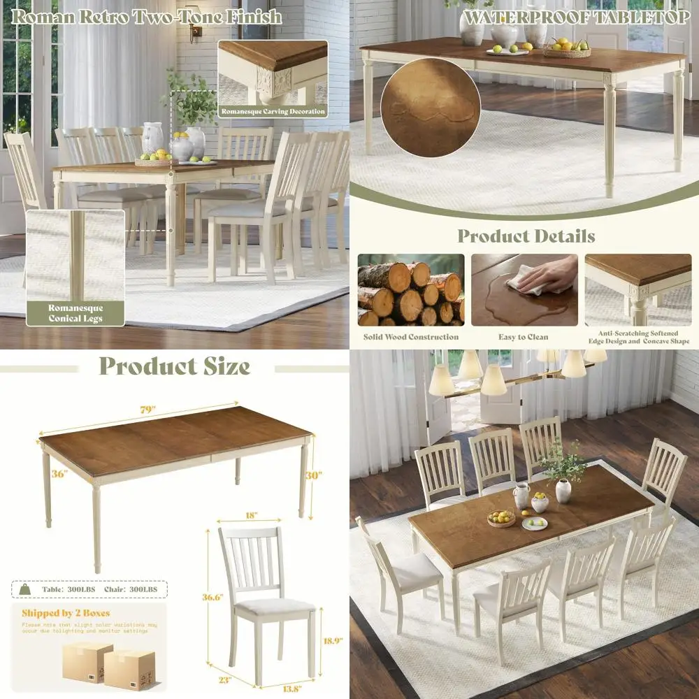 

8-Seat Solid Wood Dining Set with Upholstered Chairs, Rustic Cream Finish, 79 Table