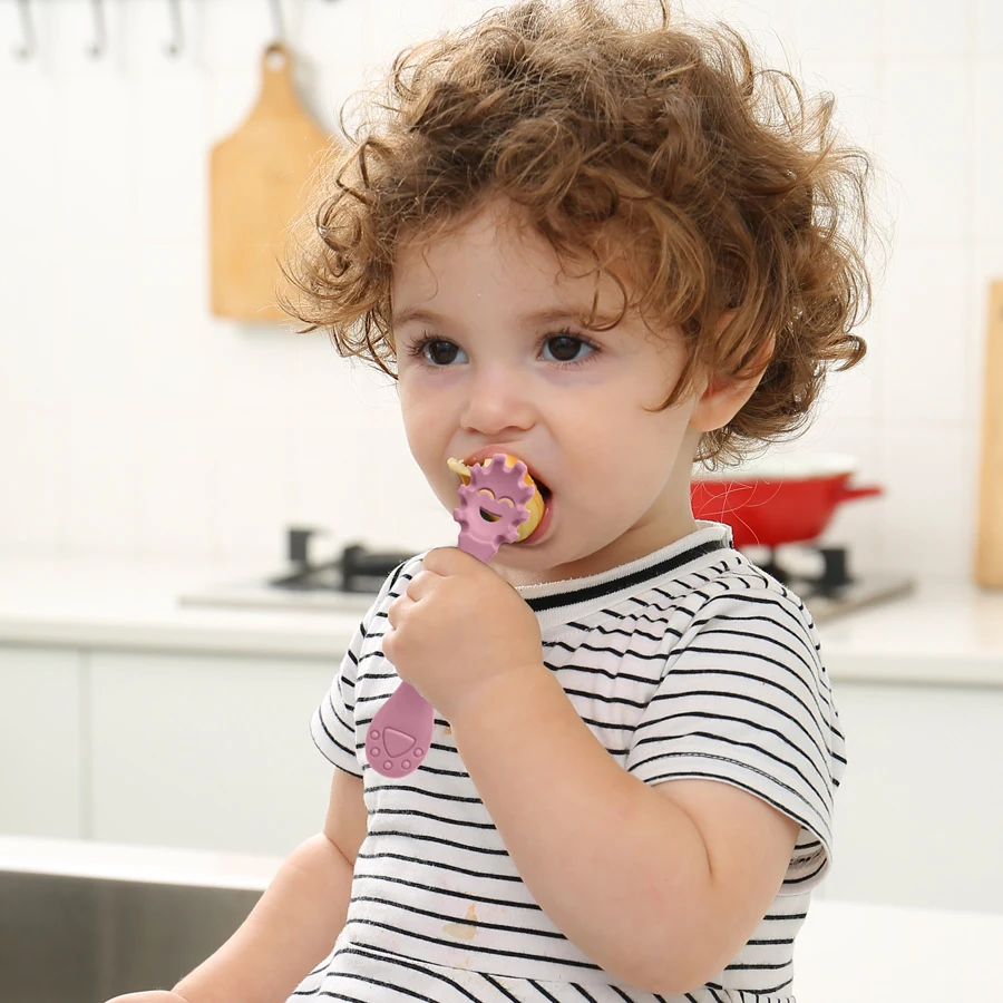 Cuchara de silicona para madre e hijo, tenedor para alimentación de bebé, artículos de entrenamiento para aprender a comer, Juego de 3 unidades