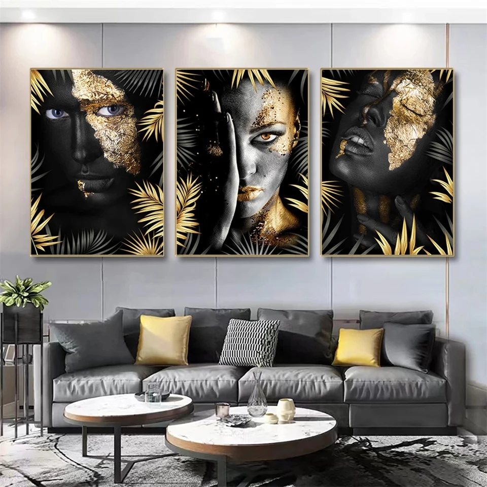 DIY Diamond Painting African Woman Black Gold Leaves 5D AB Drill Mosaic Full Picture Modern Figure Wall Art Home Decor Gift