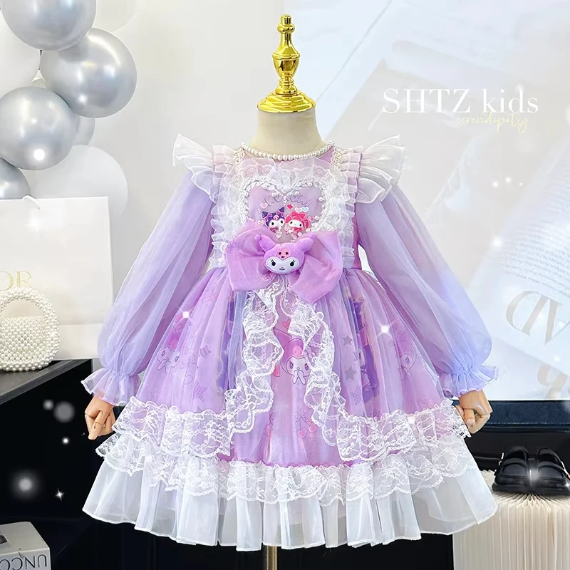 

Cute Kuromi Baby Girl Lolita Dress Spring Autumn Purple Tulle Lace Princess Dress Kids Birthday Party Casual Outfit Cartoon New