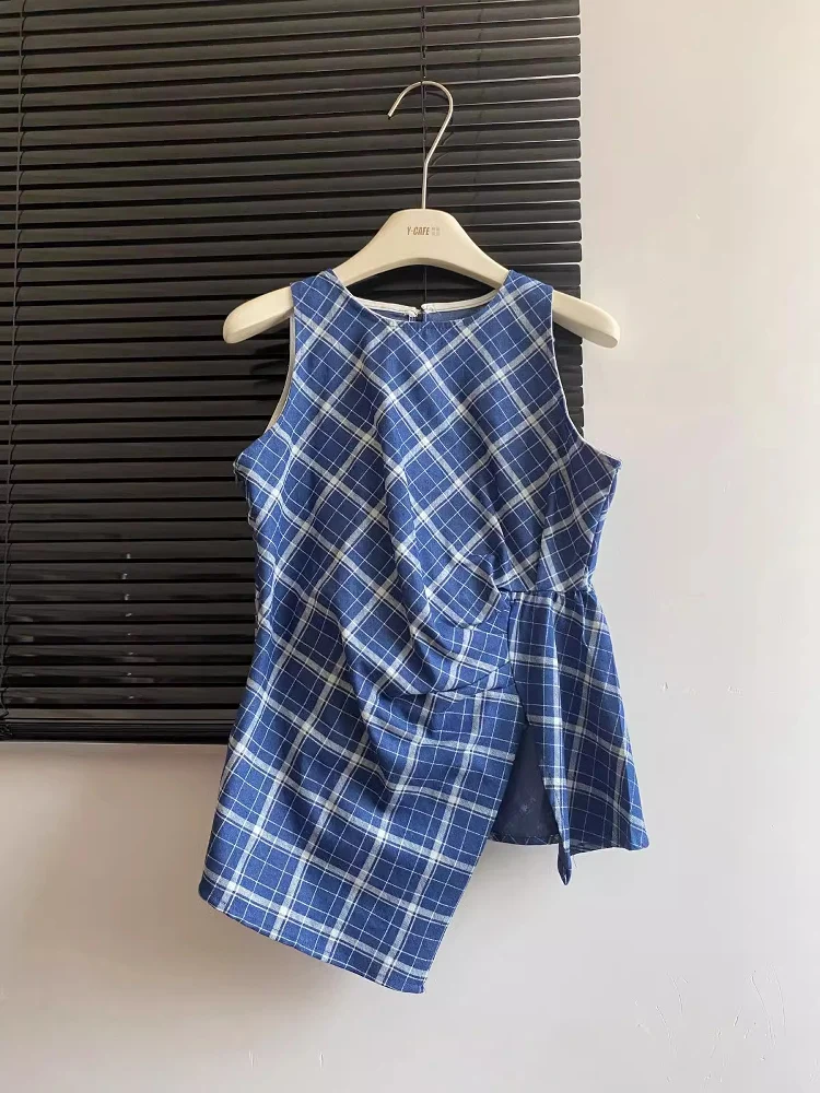 Chaleco Asimétrico con Tirantes a Cuadros Azules para Mujer, Nuevo, Único, Hermoso, Ajustado a la Cintura, Top Elegante