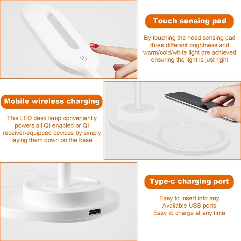 Dimmable LED Desk Lamp With Wireless Charger, Wireless Charging Desk Light Flexible Rotation Press Control Night Light