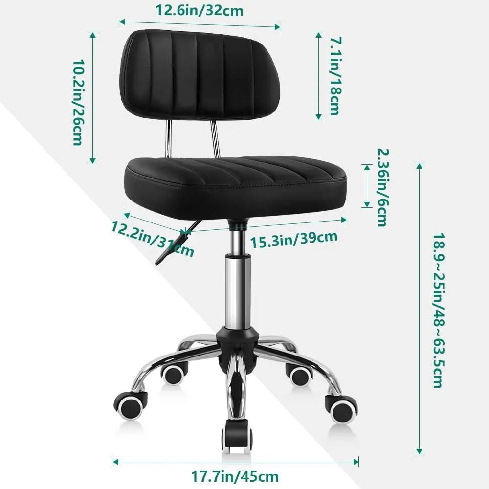 Adjustable Rolling Stool with Backrest - 360° Swivel & 5 Wheels for Work, Salon, SPA