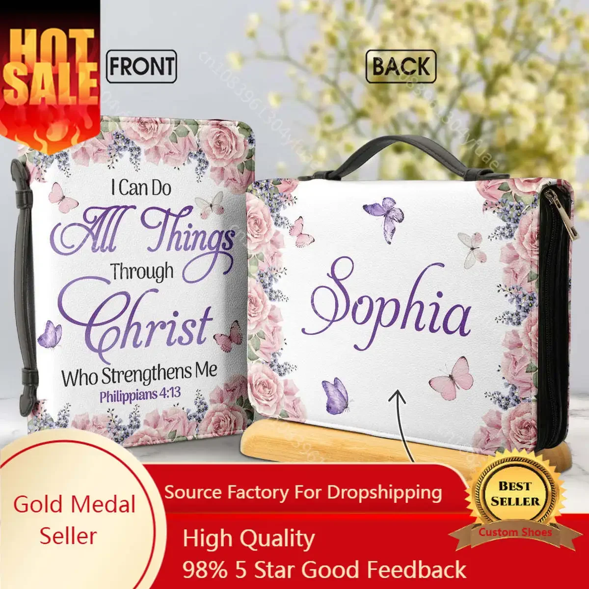 2023 Women's Personalized Bible Bag Floral Butterflies Print Zippered Handle Study Book Holy Storage Boxes Exquisite Bible Cover