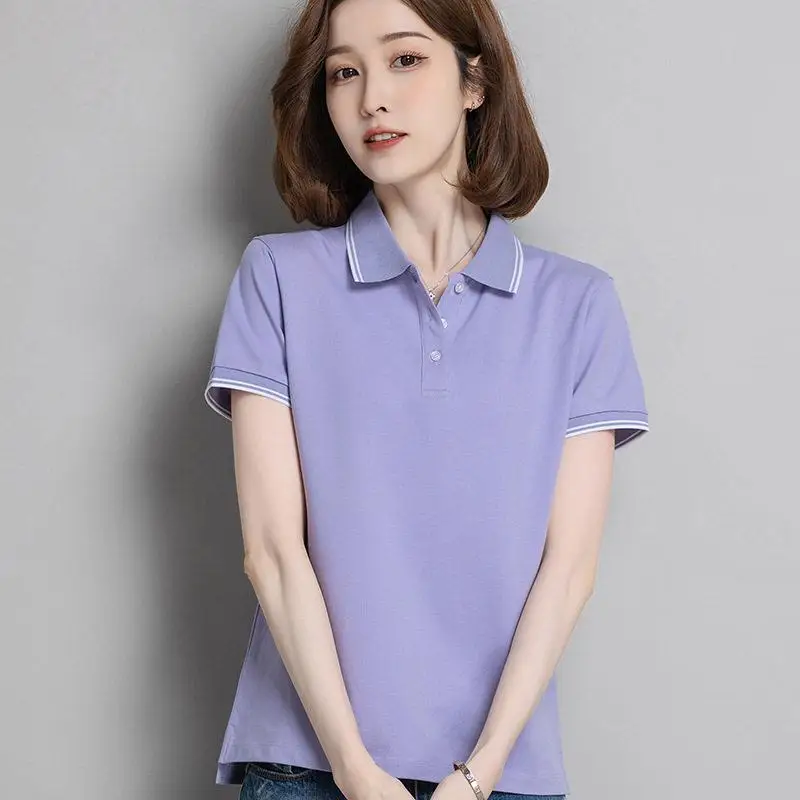 

Pure Cotton Short Sleeve Shirt for Women Company Work Uniform Collared T-Shirt Printed Logo Commute Style Micro Stretch