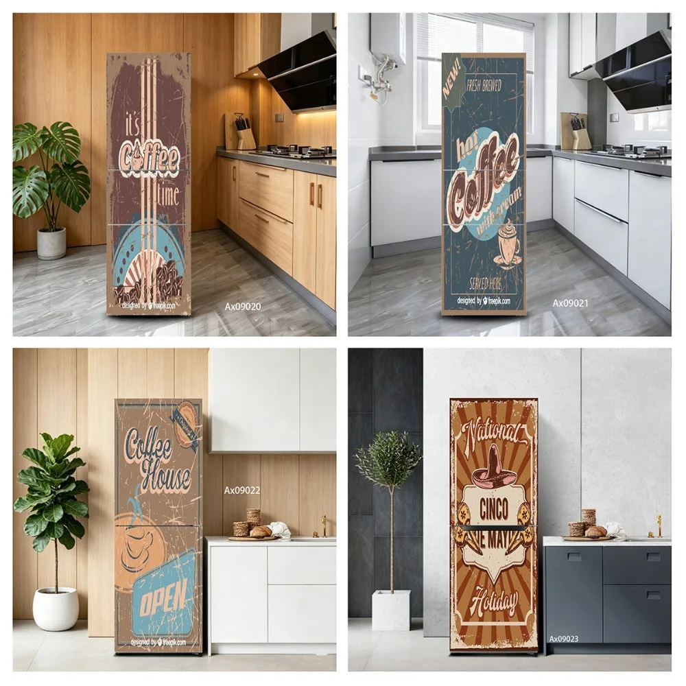Vintage Coffee Time Fridge Door Sticker for Upright Fridge Household Wallpaper Cabinets Doors Furniture Refurbished Decoration
