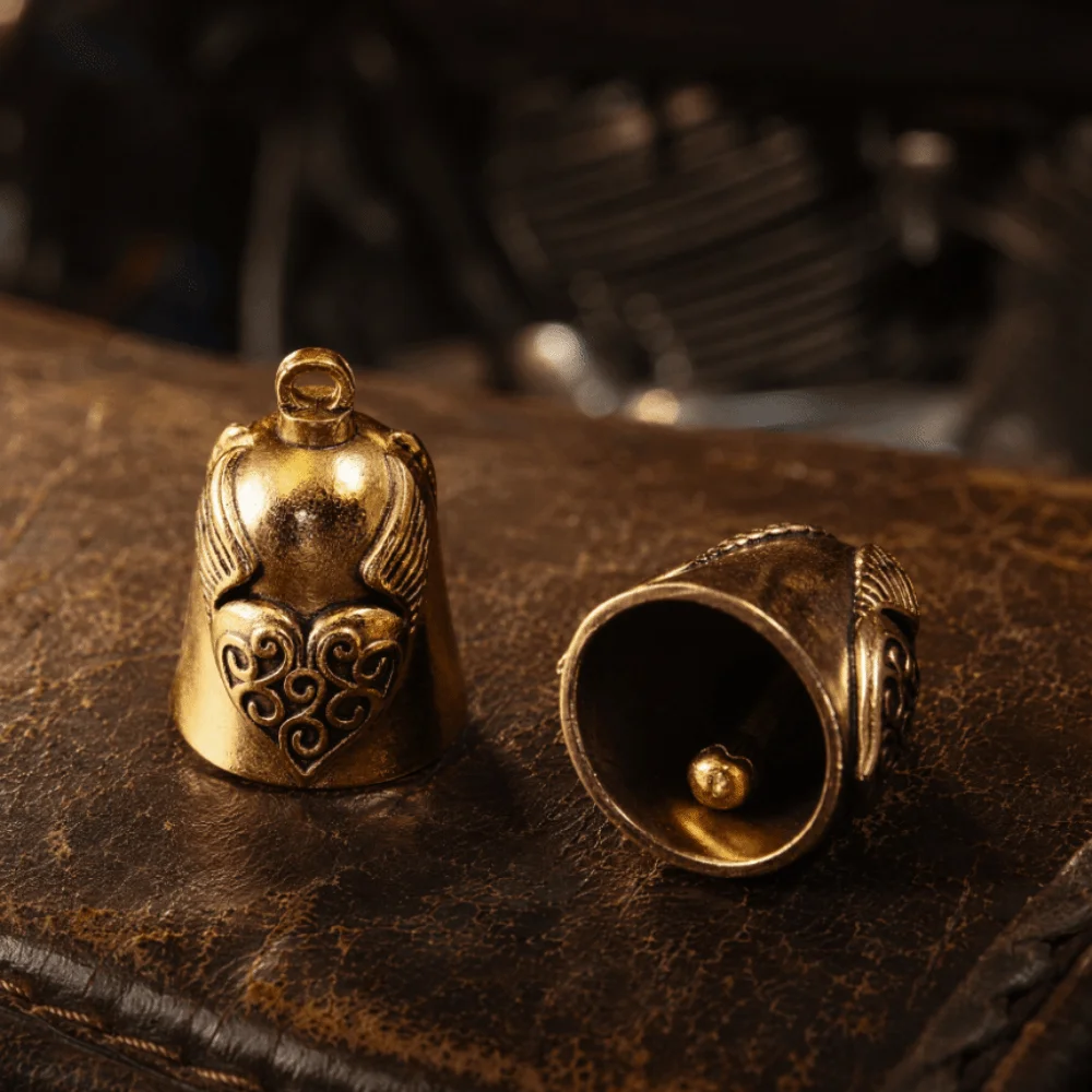 Raised Cross Heart Shape Bell Pendant Angel Wing Antique-Style Evil Spirit Trap Bell Grooved Compact Motorcycle Guardian Bell