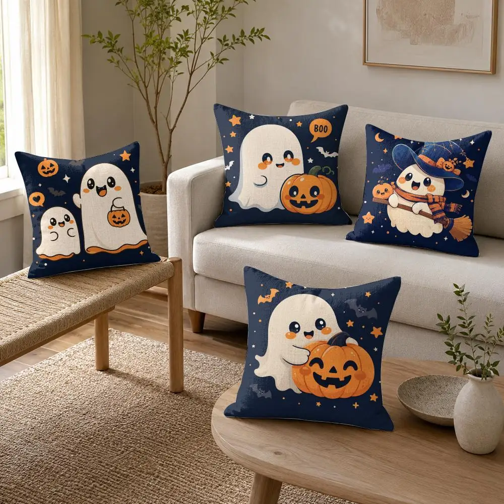Cute Halloween Spirit Cushion Cover Organic Linen Throw Pillow Cover - Double-Sided Print Breathable Cushion Case Home Decor
