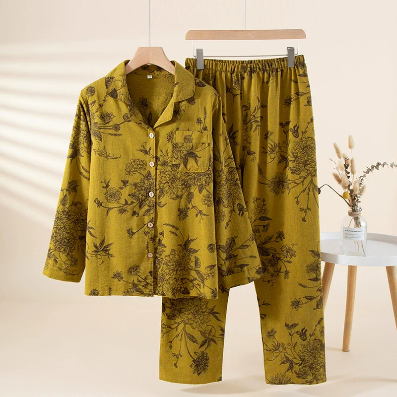 

Пижамные комплекты из чистого хлопка, осенняя одежда для сна, топы и брюки на пуговицах, комплект ночной рубашки с цветочным принтом, домашняя одежда, костюм, пижамная пижама