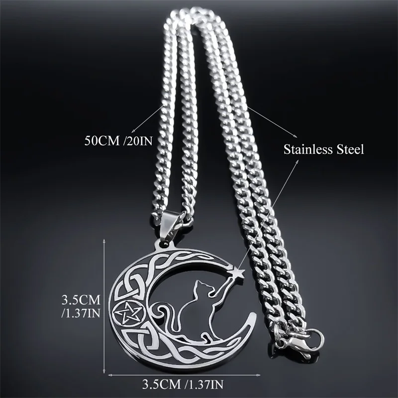 Goth Cat Pentagram Celtic Knot Crescent Necklace Women Stainless Steel Moon Shape Pendant Witch Knots Necklaces Jewelry N7964S03