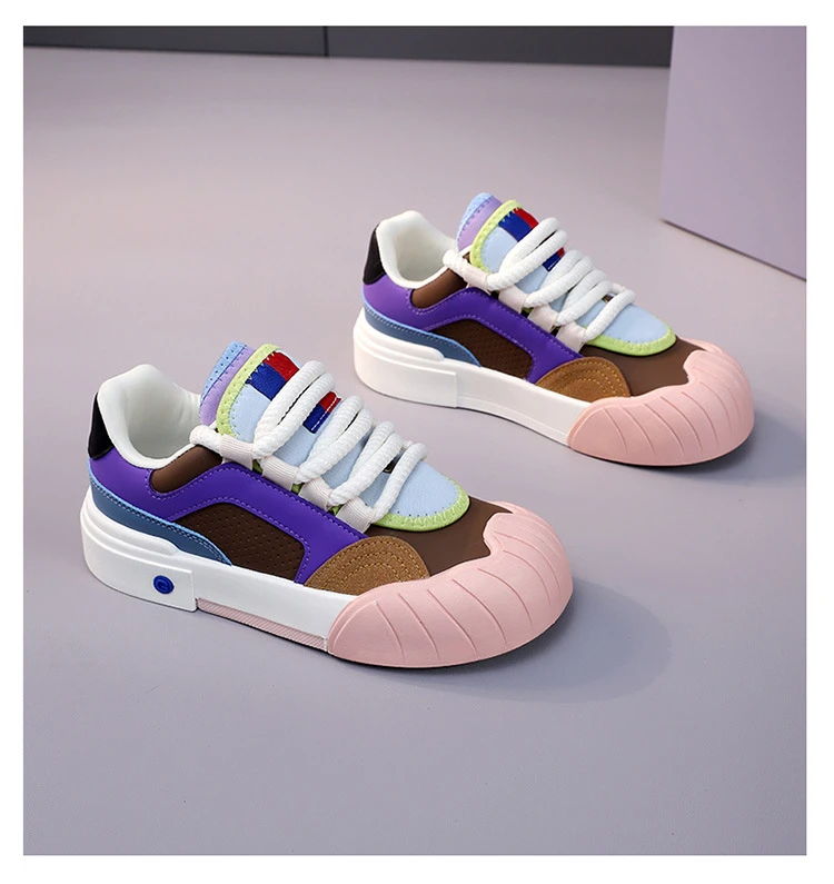 Macaron-Farbblock-Skateschuhe aus Kunstleder für Damen, Wave-Shell-Zehenkappe, Schnürschuhe, Low-Top-Sneaker mit pastellfarbenem Kontrastbesatz – Detail 13