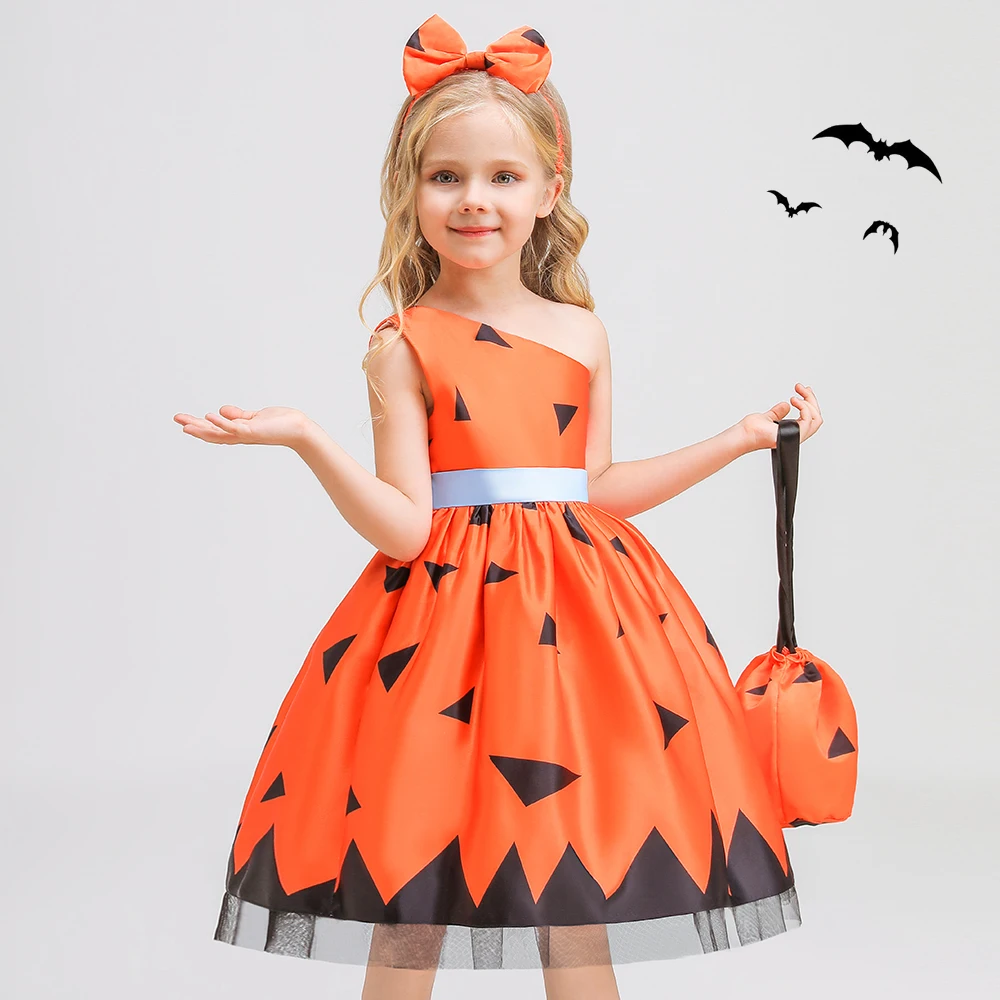 Kids Elegant Princess Dress For Girls Birthday Party Dresses 3PCS Halloween Costume Slanted Shoulder Children Summer Clothes