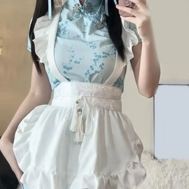 Maid Costume Apron Ruffled Waist Apron for Women Halloween Cosplay Adjustable Kitchen Cooking Apron for Cooking Baking
