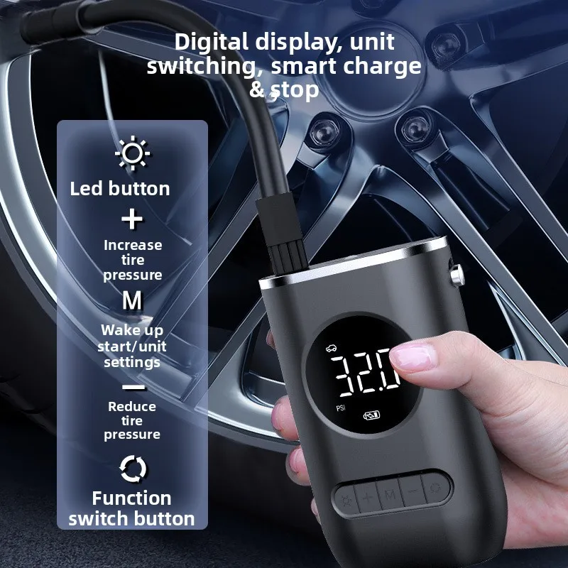 

Портативный мини-беспроводной насос для накачивания шин - перезаряжаемый ручной автомобильный компрессор с цифровым дисплеем